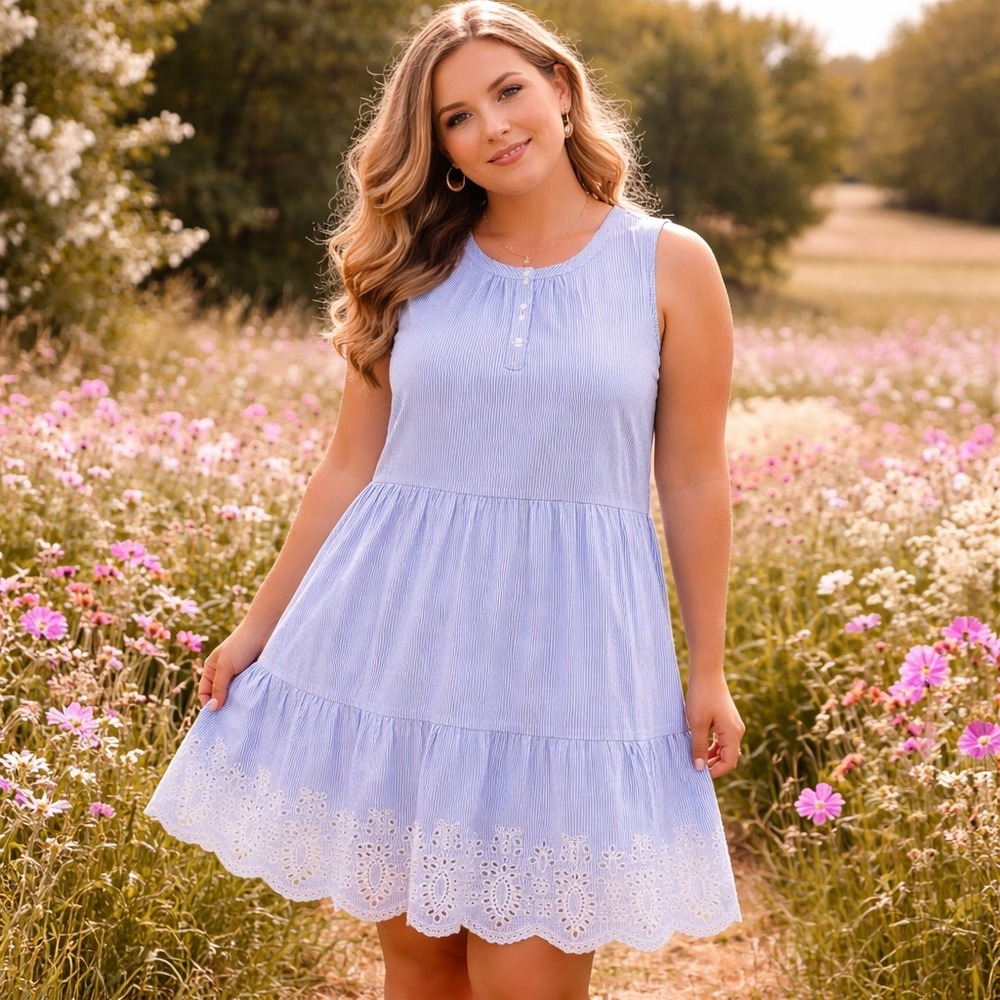 Calypso St Barth Dress Womens XL Blue Striped Eyelet Tiered Boho Cottage NEW